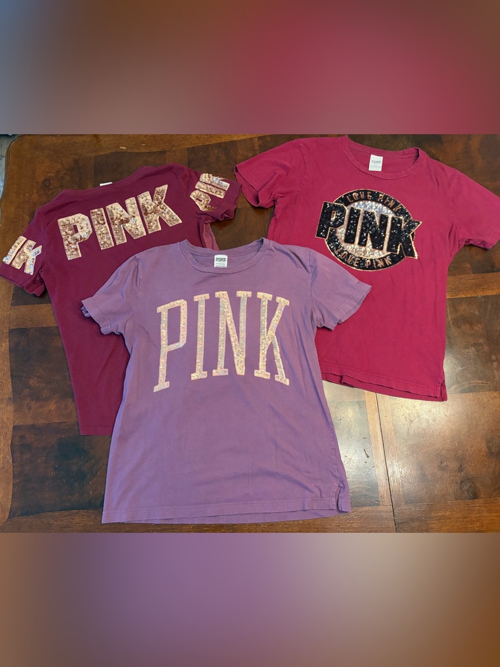 Victoria’s Secret PINK Y2K Sequin Logo Tee Lot Of 3 Oversized Size S Purple